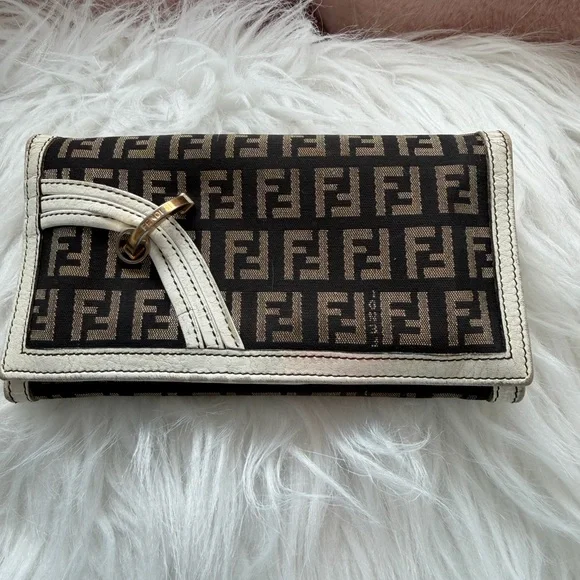 AUTHENTIC Fendi Black and Brown FF Canvas Continental Wallet with White Trim. - Picture 2 of 7